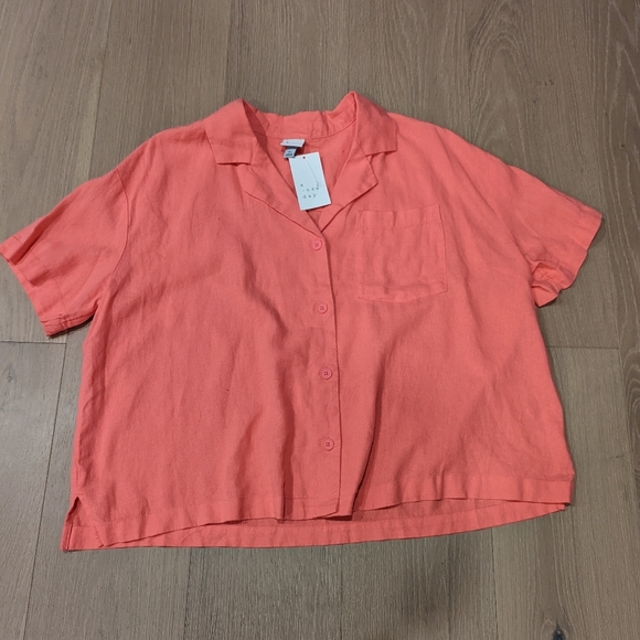 Coral Button-Up Linen Blend Women's Top - Picture 1 of 5
